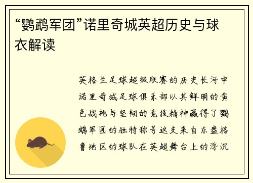 “鹦鹉军团”诺里奇城英超历史与球衣解读
