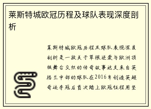 莱斯特城欧冠历程及球队表现深度剖析